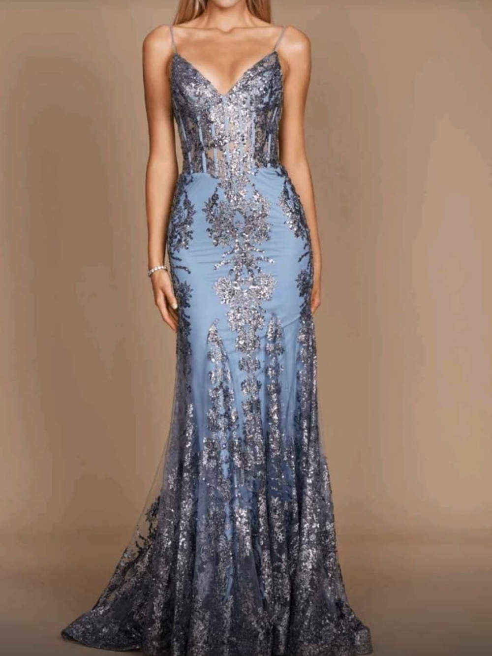 Elegant Blue Sequin Embellished Evening Gown